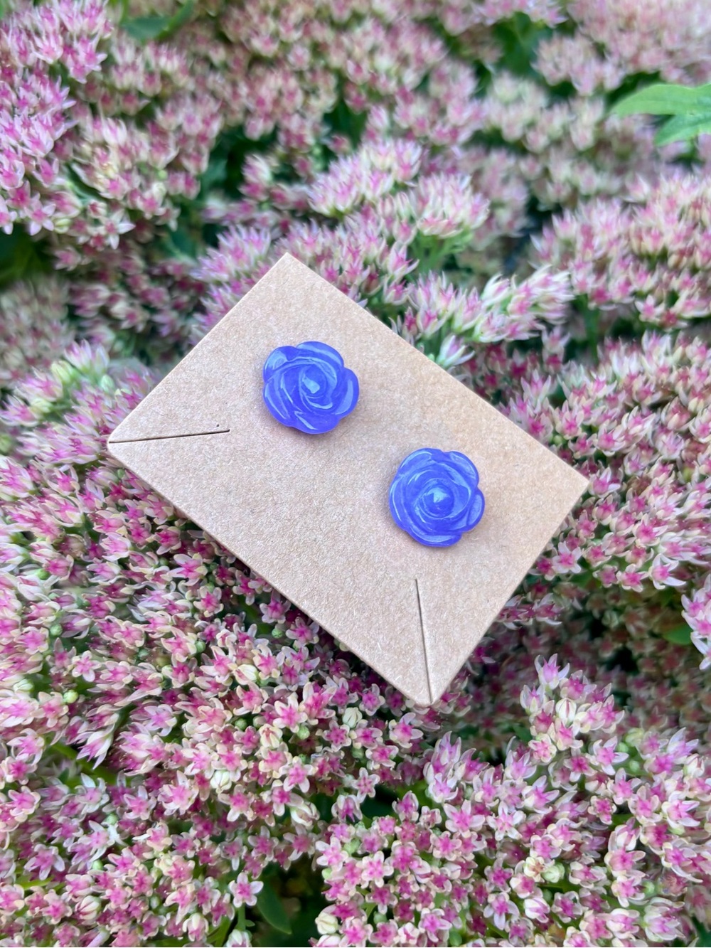 Rose Jade Stud Earrings. With sterling silver backs. - Picture 4 of 9